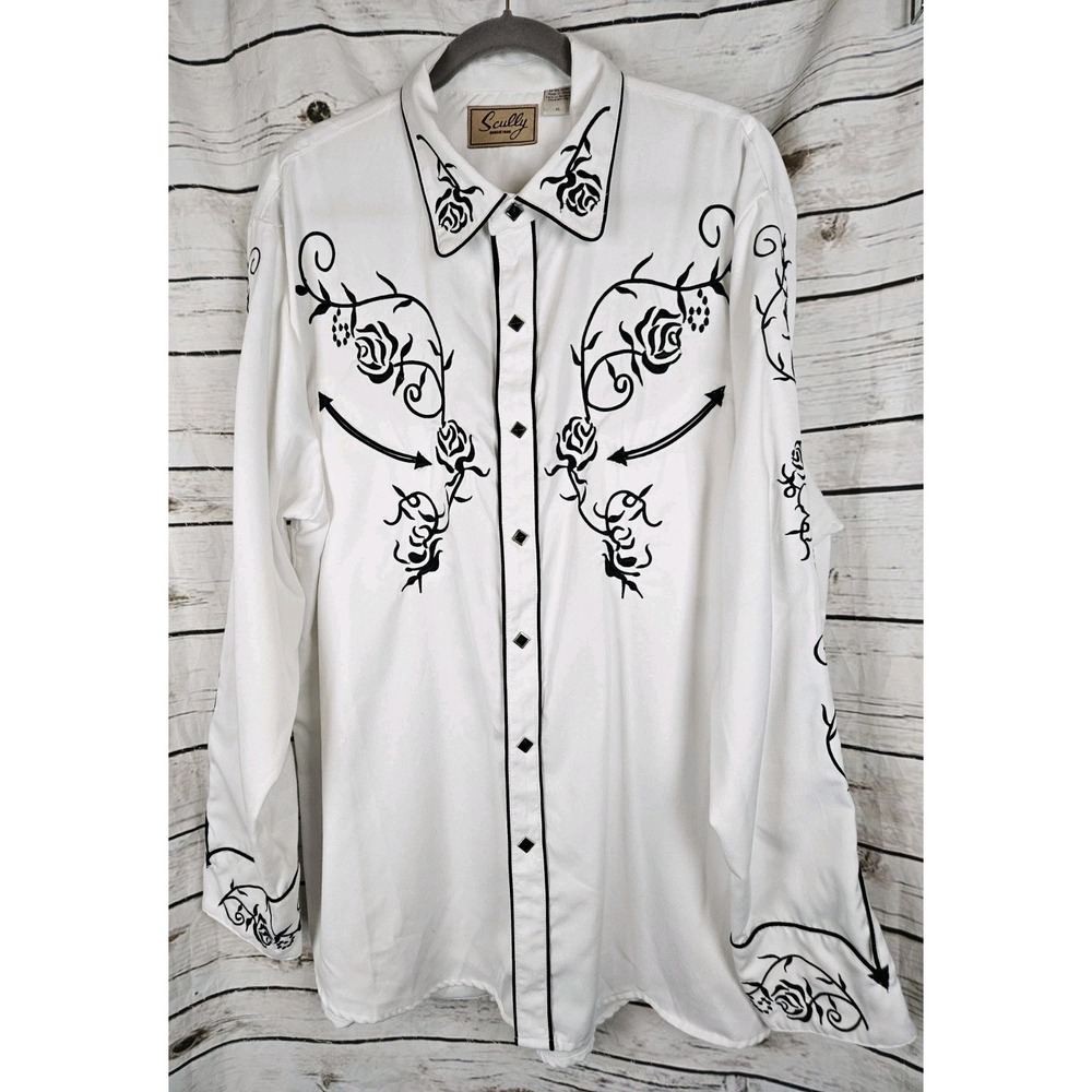 Scully White Embroidered Western Shirt Mens XL Floral Rose Snap Rodeo Cowboy